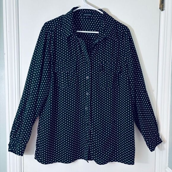 Notations XL black & white dot 2 pocket adjustable sleeve blouse - Picture 1 of 10